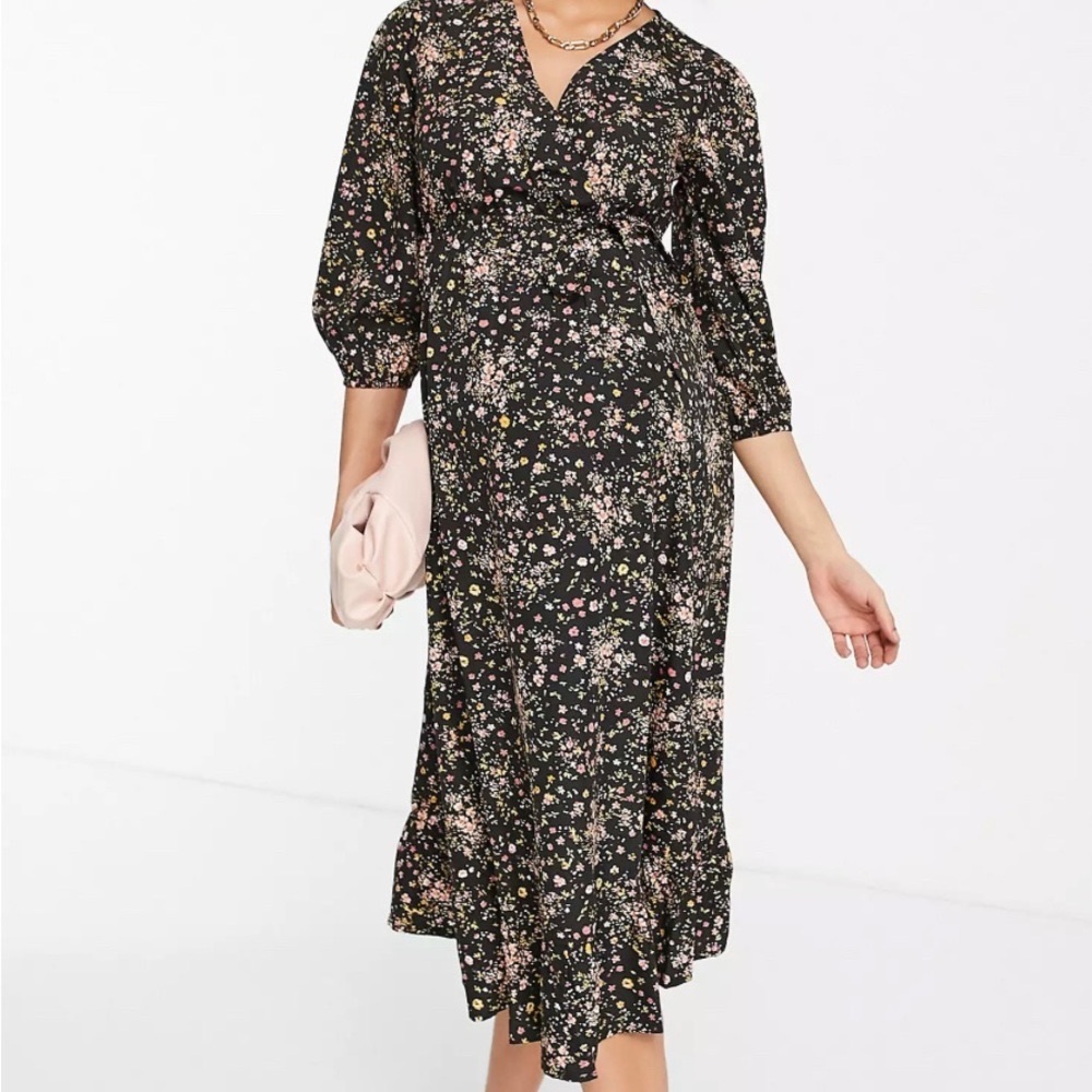 ASOS Maternity wrap midi dress in black floral print